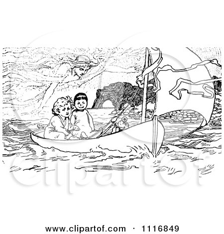 Clipart Of A Retro Vintage Black And White Spirit Above Boys In A Boat - Royalty Free Vector Illustration by Prawny Vintage