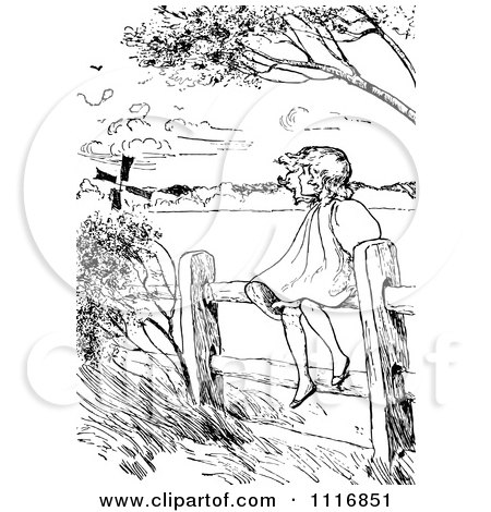 Clipart Of A Retro Vintage Black And White Girl Sitting On A Country Fence On A Windy Day - Royalty Free Vector Illustration by Prawny Vintage