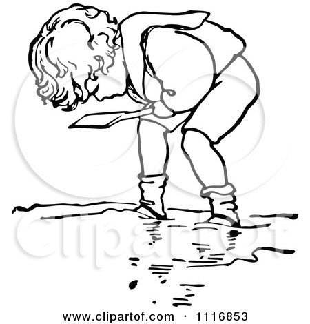Clipart Of A Retro Vintage Black And White Boy Digging In Sand 2 - Royalty Free Vector Illustration by Prawny Vintage