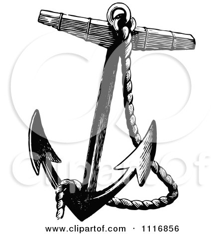 Clipart Of A Retro Vintage Black And White Nautical Rope And Anchor - Royalty Free Vector Illustration by Prawny Vintage