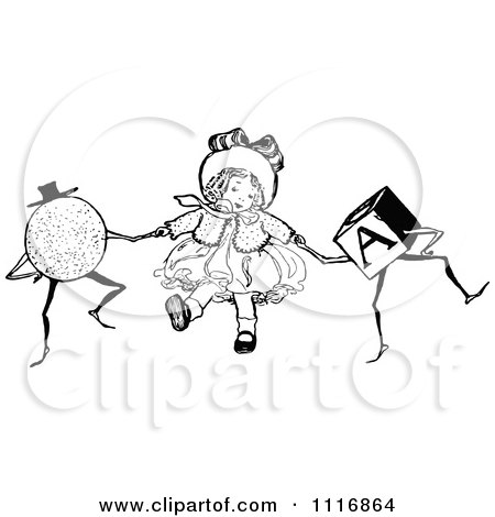 Clipart Of A Retro Vintage Black And White Girl Dancing With Toys - Royalty Free Vector Illustration by Prawny Vintage