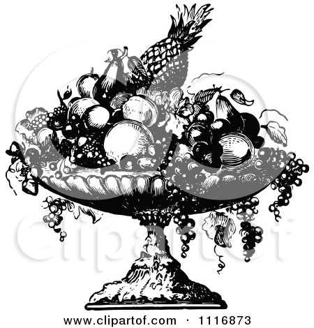 Clipart Of A Retro Vintage Black And White Fruit Bowl - Royalty Free Vector Illustration by Prawny Vintage
