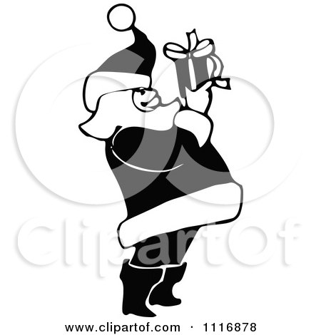 Clipart Of A Retro Vintage Black And White Santa Looking At A Gift - Royalty Free Vector Illustration by Prawny Vintage