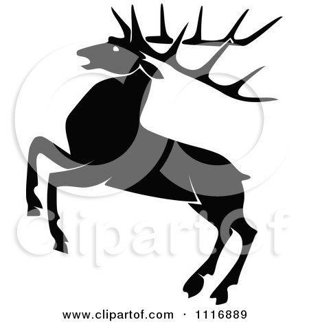 Clipart Of A Retro Vintage Black And White Rearing Stag Deer With Big Antlers - Royalty Free Vector Illustration by Prawny Vintage