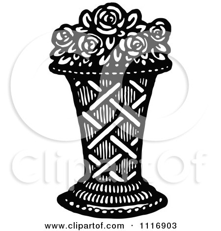 Clipart Of A Retro Vintage Black And White Vase Of Roses - Royalty Free Vector Illustration by Prawny Vintage