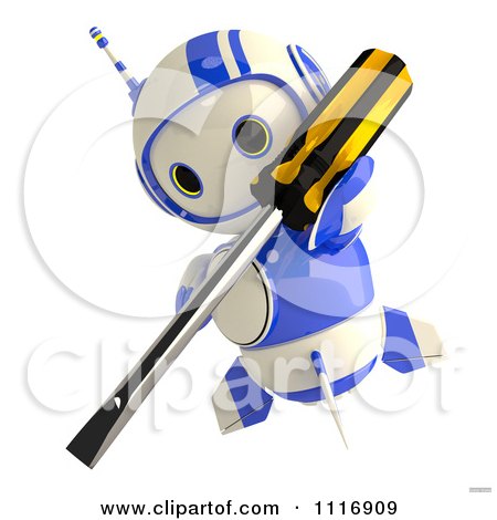 Clipart Of A 3d Blueberry Robot Fixing A Problem With A Screwdriver - Royalty Free CGI Illustration by Leo Blanchette