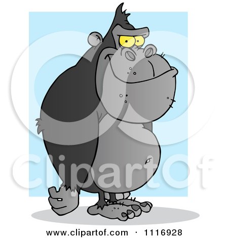 Clipart Of A Standing Black Gorilla Over A Blue Rectangle - Royalty Free Vector Illustration by Hit Toon