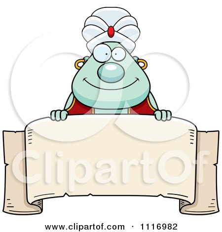 Vector Cartoon Chubby Green Genie Over A Banner - Royalty Free Clipart Graphic by Cory Thoman