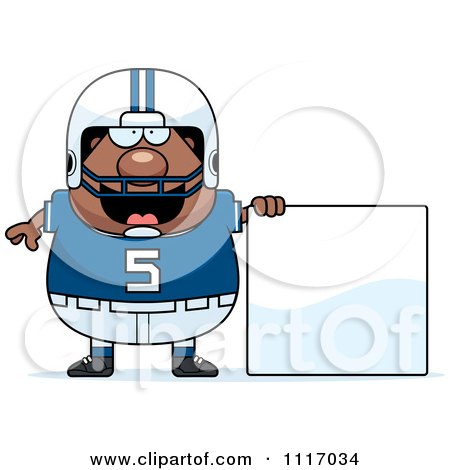 Vector Cartoon Of A Chubby Black Football Player With A Sign - Royalty Free Clipart Graphic by Cory Thoman