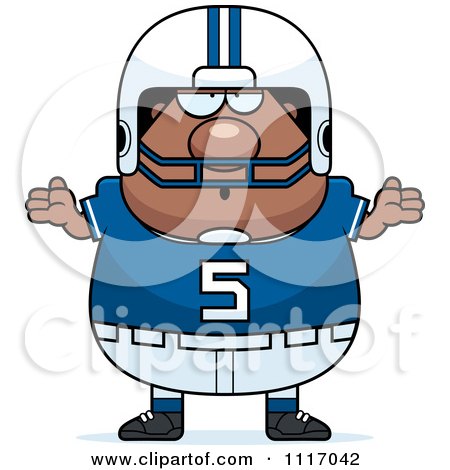 Vector Cartoon Of A Careless Shrugging Chubby Black Football Player - Royalty Free Clipart Graphic by Cory Thoman