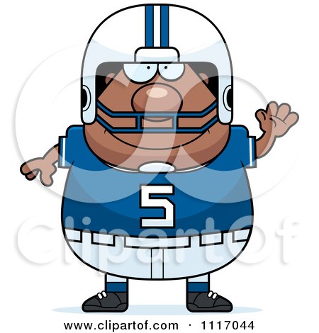 Vector Cartoon Of A Waving Chubby Black Football Player - Royalty Free Clipart Graphic by Cory Thoman