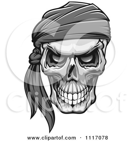 Vector Clipart Grayscale Evil Skull With A Bandana - Royalty Free Graphic Illustration by Vector Tradition SM