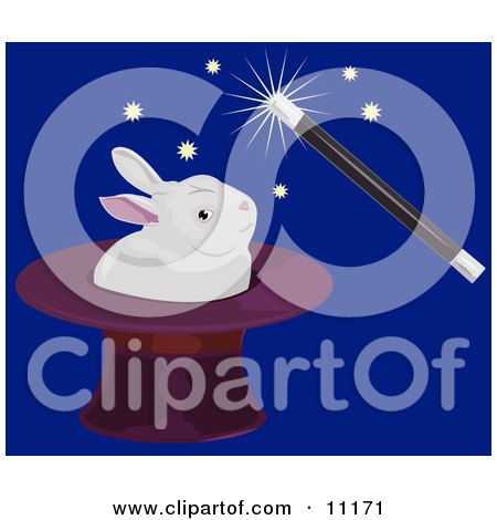 a Magician Using a Magic Wand to Make a White Rabbit Appear in a Hat Clipart Illustration by AtStockIllustration