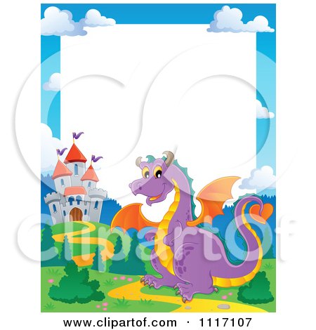 Vector Cartoon Fairy Tale Purple Dragon And Castle Frame - Royalty Free Clipart Graphic by visekart