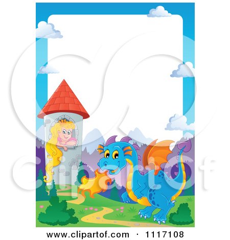 Vector Cartoon Fairy Tale Princess Blue Dragon And Castle Frame - Royalty Free Clipart Graphic by visekart