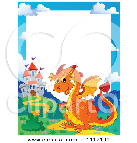 Vector Cartoon Fairy Tale Orange Dragon And Castle Frame - Royalty Free Clipart Graphic by visekart