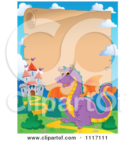 Vector Cartoon Fairy Tale Purple Dragon And Parchment Castle Frame - Royalty Free Clipart Graphic by visekart