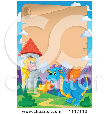 Vector Cartoon Fairy Tale Princess Blue Dragon And Parchment Castle Frame - Royalty Free Clipart Graphic by visekart