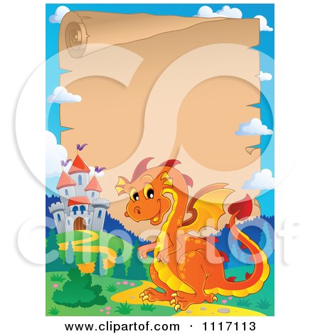 Vector Cartoon Fairy Tale Orange Dragon And Parchment Castle Frame - Royalty Free Clipart Graphic by visekart