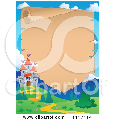 Vector Cartoon Mountainous Castle And Path Parchment Frame - Royalty Free Clipart Graphic by visekart
