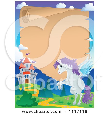 Vector Cartoon Winged Pegasus Horse And Castle Parchment Frame - Royalty Free Clipart Graphic by visekart