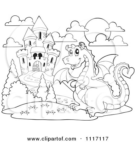 Vector Cartoon Of An Outlined Castle Guardian Dragon - Royalty Free Clipart Graphic by visekart