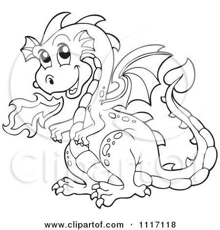 Vector Cartoon Of An Outlined Fire Breathing Dragon - Royalty Free Clipart Graphic by visekart