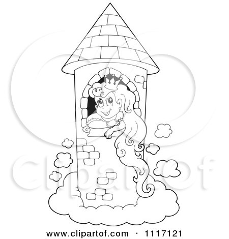 Vector Cartoon Of An Outlined Princess In A Floating Tower - Royalty Free Clipart Graphic by visekart