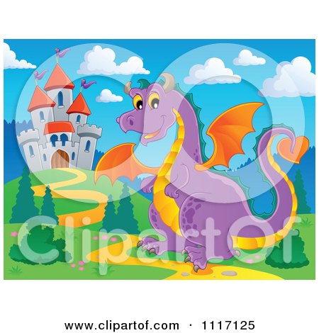 Vector Cartoon Of A Purple Castle Guardian Dragon - Royalty Free Clipart Graphic by visekart