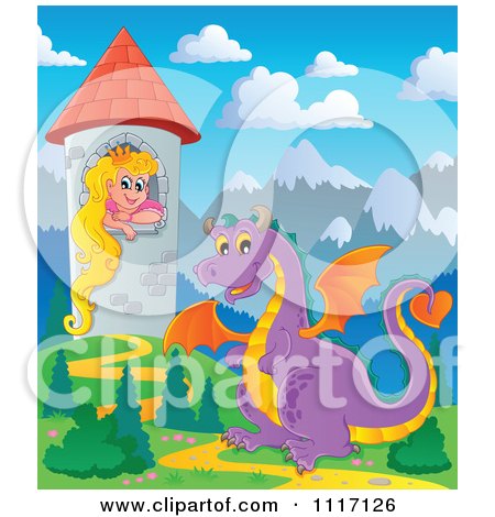 Vector Cartoon Of A Purple Guardian Dragon With A Princess In A Tower - Royalty Free Clipart Graphic by visekart