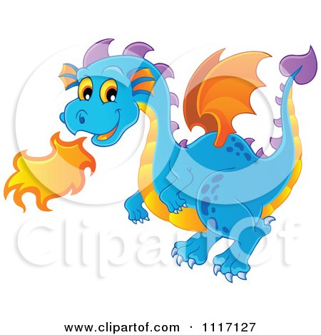 Vector Cartoon Of A Blue Fire Breathing Dragon - Royalty Free Clipart Graphic by visekart