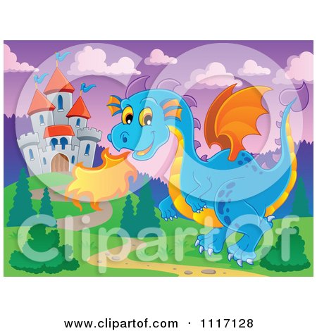 Vector Cartoon Of A Blue Castle Guardian Dragon - Royalty Free Clipart Graphic by visekart