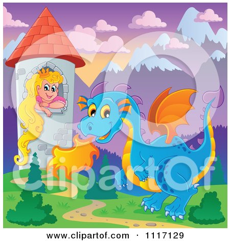 Vector Cartoon Of A Blue Guardian Dragon With A Princess In A Tower - Royalty Free Clipart Graphic by visekart