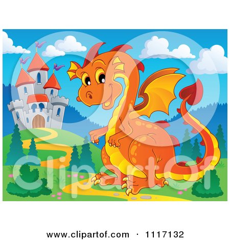 Vector Cartoon Of A Orange Castle Guardian Dragon - Royalty Free Clipart Graphic by visekart