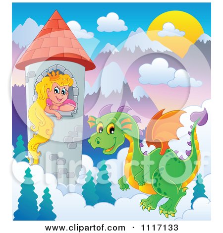 Vector Cartoon Of A Green Guardian Dragon With A Princess In A Tower - Royalty Free Clipart Graphic by visekart