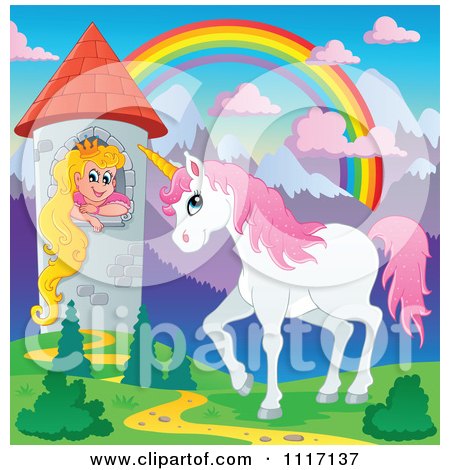 Vector Cartoon Of A Unicorn And Princess In A Tower Under A Rainbow - Royalty Free Clipart Graphic by visekart