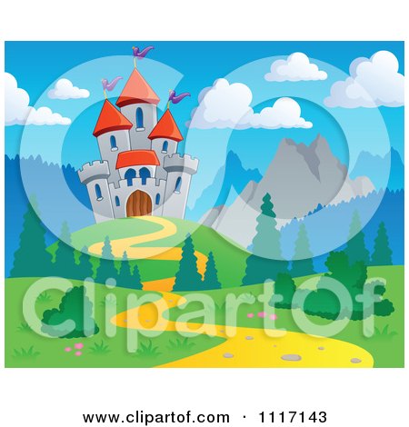 Vector Cartoon Of A Mountainous Castle And Path - Royalty Free Clipart Graphic by visekart
