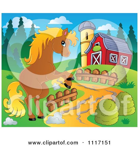 Vector Cartoon Of A Cute Brown Horse Rearing By A Barn Driveway - Royalty Free Clipart Graphic by visekart