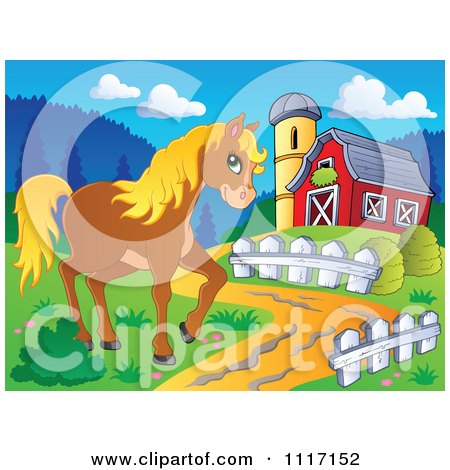 Vector Cartoon Of A Cute Brown Horse By A Barn Driveway - Royalty Free Clipart Graphic by visekart