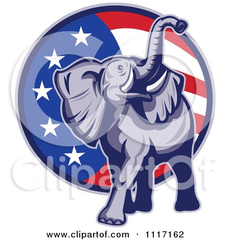 Vector Clipart Retro American Republican Political Party Elephant Over An American Circle 3 - Royalty Free Graphic Illustration by patrimonio