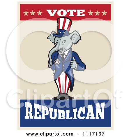 Cartoon Of A Retro Republican GOP Party Elephant Uncle Sam Holding A Thumb Up With Vote Text - Royalty Free Vector Clipart by patrimonio