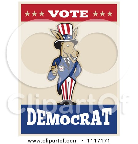 Cartoon Of A Retro Democratic Party Donkey Uncle Sam Holding A Thumb Up With VOTE DEMOCRAT Text - Royalty Free Vector Clipart by patrimonio