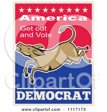 Cartoon Of A Retro Democratic Party Donkey Bucking With Vote Text - Royalty Free Vector Clipart by patrimonio