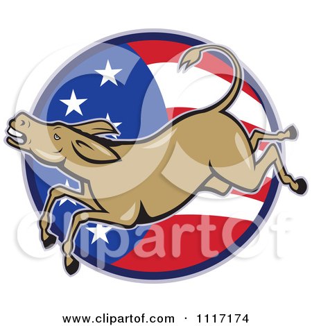 Cartoon Of A Retro Democratic Party Donkey Bucking Over An American Flag Circle - Royalty Free Vector Clipart by patrimonio