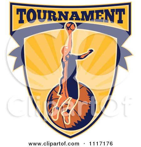 Vector Clipart Retro Basketball Player Athlete On A Shield With TOURNAMENT Text - Royalty Free Graphic Illustration by patrimonio
