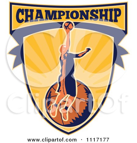 Vector Clipart Retro Basketball Player Athlete On A Shield With CHAMPIONSHIP Text - Royalty Free Graphic Illustration by patrimonio