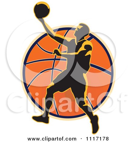 Vector Clipart Retro Basketball Player Over A Ball - Royalty Free Graphic Illustration by patrimonio