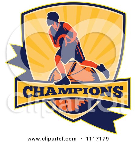 Vector Clipart Retro Basketball Player Athlete On A Shield With CHAMPIONS Text - Royalty Free Graphic Illustration by patrimonio