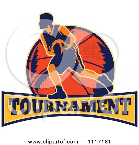 Vector Clipart Retro Basketball Player Athlete Over A Ball And Banner With TOURNAMENT Text - Royalty Free Graphic Illustration by patrimonio