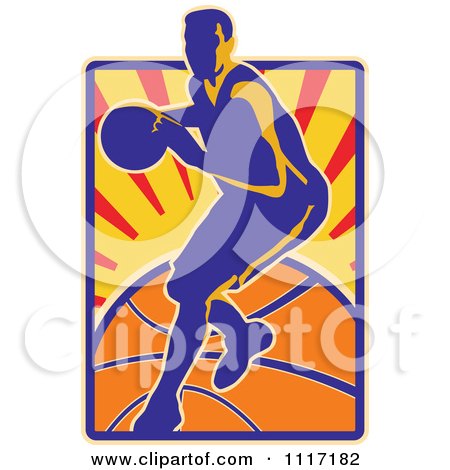 Vector Clipart Retro Basketball Player Over Rays And A Ball - Royalty Free Graphic Illustration by patrimonio